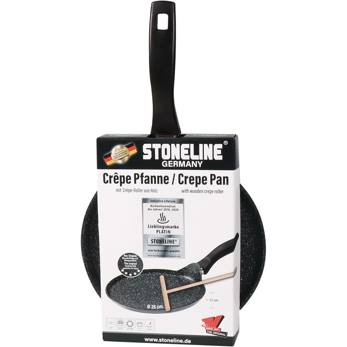 STONELINE Back to Nature Crepe Pan Induction 25 cm, Omelette pan coated with real stone particles, Pancake/Pancake pan non-stick, Fat-free frying, All stovetops, (Grey)