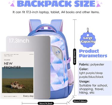 Шкільний рюкзак для підлітків 46L, рюкзак для школи, гімназії, старшої школи з нагрудною стрічкою, світловідбиваючими елементами, відділенням для 17.3' ноутбука, міцний, повсякденний, модель 5255 (Світло-блакитний)