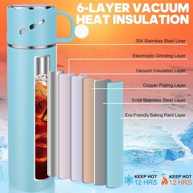 Термос з нержавіючої сталі 550 мл - термос-пляшка без протікань з чашкою та ручкою, вакуумний термокухоль 12 год гаряче / 12 год холодне, неслизький келих для кави в дорозі для спорту, роботи, школи, авто (Блакитний)