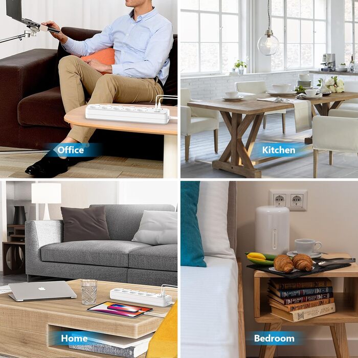 Смуга розеток JSVER на 5 розеток з індивідуальним вимикачем, 2 USB-A та 2 USB-C (17W), 2м кабель живлення для смартфонів та ноутбуків - білий