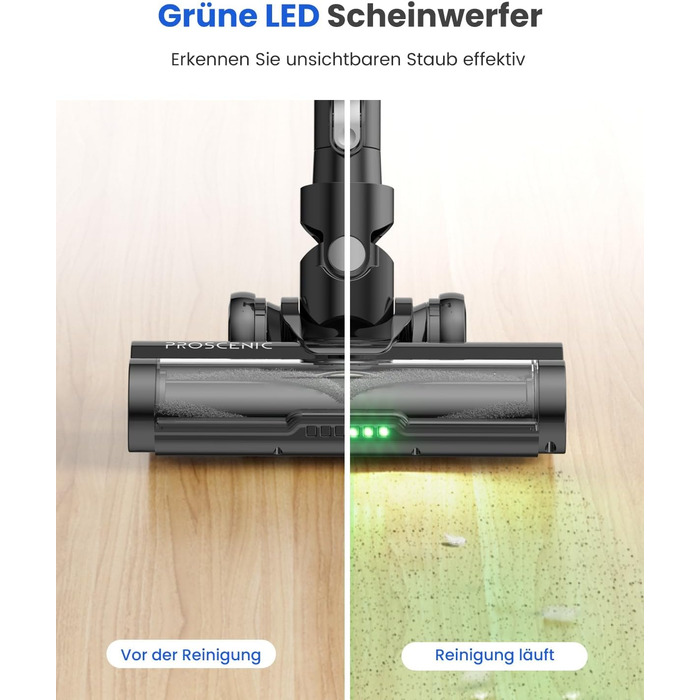 Бездротовий пилосос Proscenic P13: акумуляторний, 45KPa, 550W, 45 хв, з сенсорним екраном, зелене підсвічування, зарядний блок для стіни, анти-намотування, для килимів, твердих поверхонь, автомобіля, шерсті тварин (сірий)