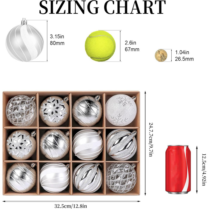Прикраси для ялинки Shareconn, 80 мм, набір 12 шт. – міцні кулі з декоративними підвісками для свят, вечірок та весіль. Червоний та золотий колір.