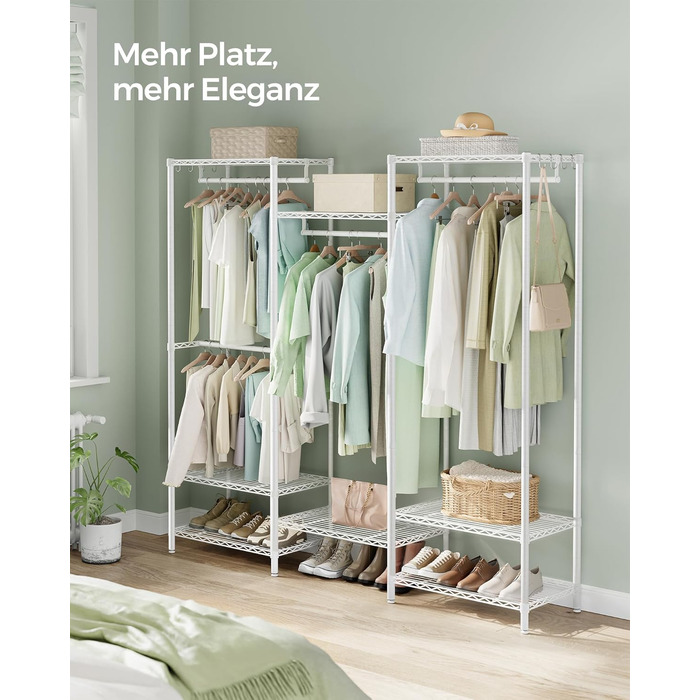 SONGMICS Clothes Rack, Open Wardrobe, Metal Coat Rack, Coat Stand with Adjustable Shelves and Clothes Rails, Hooks, High Load Capacity, Detachable, Cloud White LGR431W01