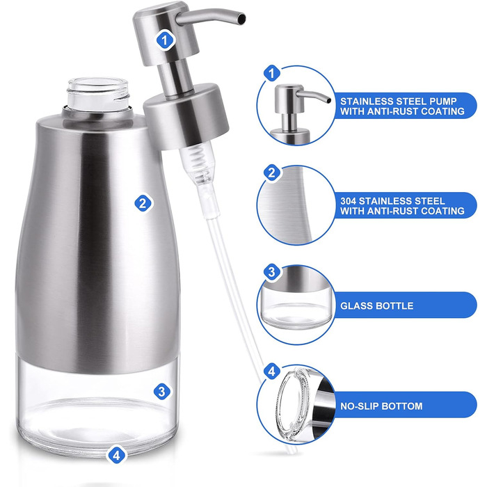 Набір для кухні та ванної кімнати: дозатор мила з нержавіючої сталі, флакон та насос (390 мл, Нікельована сталь)