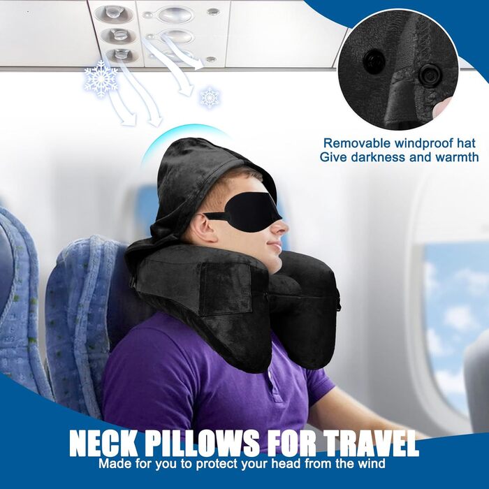 Подушка для шиї в літак, авто: надувна з капюшоном, для дорослих, Travel Pillow, чорна