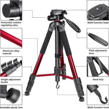Штатив Neewer 177 см з алюмінію для камери, відеокамери, DSLR, DV, з триподним голівкою, до 4 кг, червоний