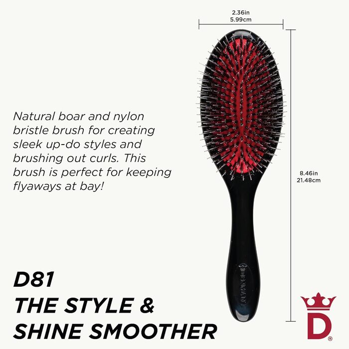 Щітка для волосся Denman Cushion Brush (Medium) з м'якими щетинами нейлону та щетиною кабана - розплутування та блиск, додає блиск волоссю, м'яко розгладжує та розплутує кучері та вибиваючі пасма – чорна, D81M