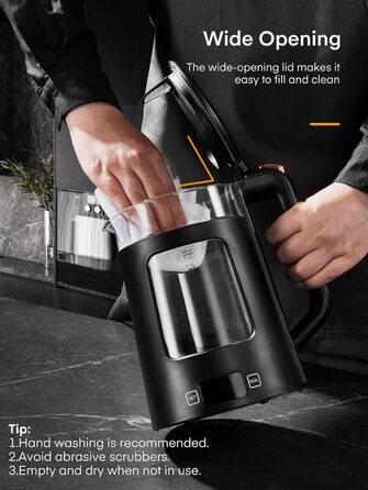 Electric Kettle with Temperature Control - 1.7L Glass Kettle with Keep Warm Function, 2200W Fast Boil, Auto Shut-Off & Dry Boil Protection, 5 Color LED Lights - Black