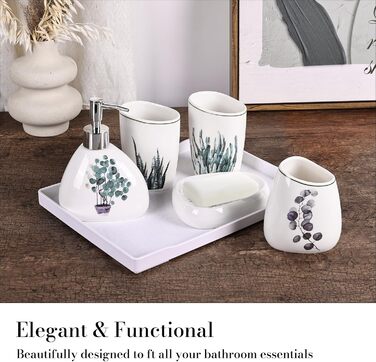 Bathroom Accessories Set, Gold Marble Look, Modern 6-Piece Bathroom Accessories Set, complete with soap dispenser, toothbrush holder, cup, tray, and countertop (Vegetal)