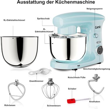 Кухонний комбайн-міксер Camic з LED-дисплеєм, 10 швидкостями та 2 чашами з нержавіючої сталі (4Л та 5Л), набір з 3 аксесуарів для тіста, хліба та тортів, синій