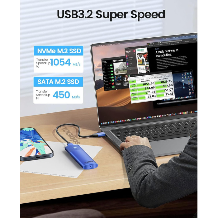 Зовнішній корпус-адаптер ORICO M.2 NVMe та SATA SSD (USB 3.2 Gen 2, 10Gbps), алюмінієвий кейс для SSD 2230/2242/2260/2280, B+M Key, UASP, Trim, без інструментів — PWDM2-BK (Синій)