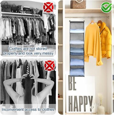 Органайзер для шафи AiQInu з 3 відділеннями, на вішалку, бамбуковий, сірий (з гачками)