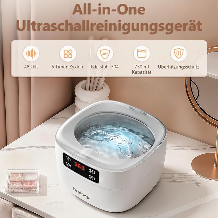 Ультразвуковий очищувач 48000 Гц, 750 мл - для окулярів, годинників, прикрас, бритв (білий)