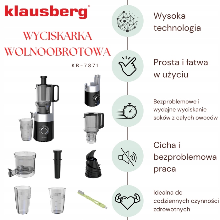 Повільна соковижималка Klausberg горизонтальна одношнекова, 180 Вт, 0,70 л