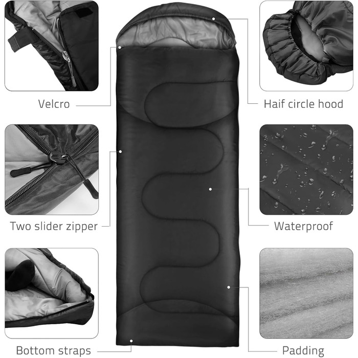 Спальний мішок Outdoor для кемпінгу 3 сезони, дорослий, 2 в 1, теплий, легкий, водонепроникний, для подорожей, хайкінгу та туризму, чорний