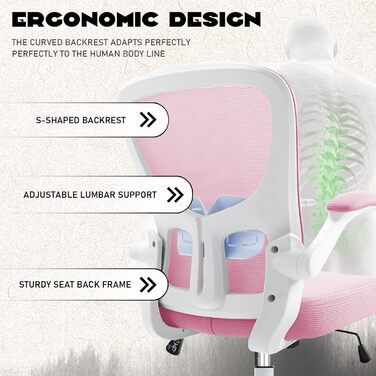 Ергономічне крісло для офісу та дому з регульованими підлокітниками, підтримкою попереку, регульованою висотою та спинкою, що нахиляється до 130°, рожеве