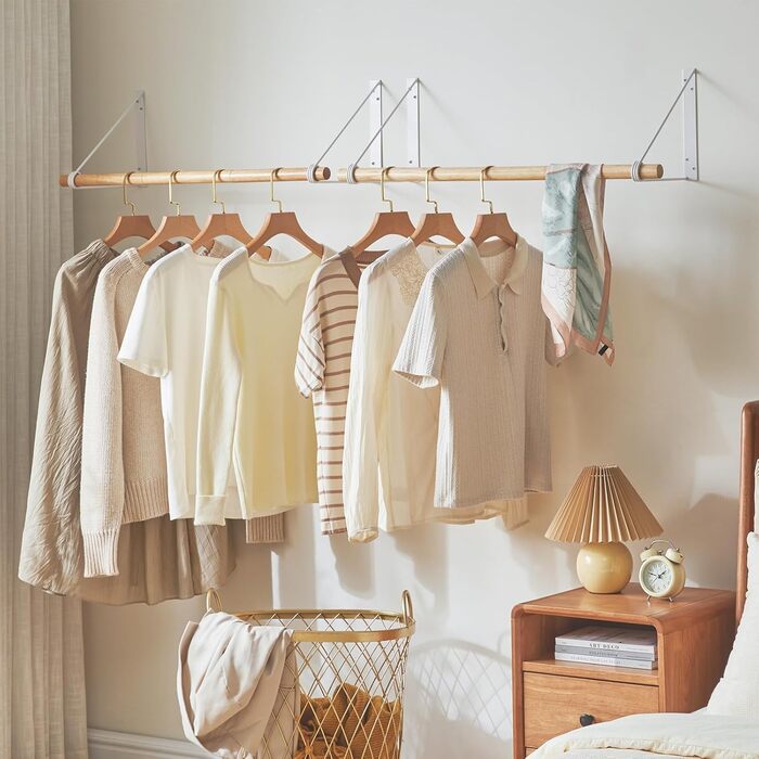 Wall Mounted Clothes Rack, Wall Clothes Stand, Entryway Furniture in Industrial Style, Modern Coat Rack, Coat Rack for Bedroom Bathroom Balcony Indoor Outdoor, TYJ005W (80cm*2, Wood + White)