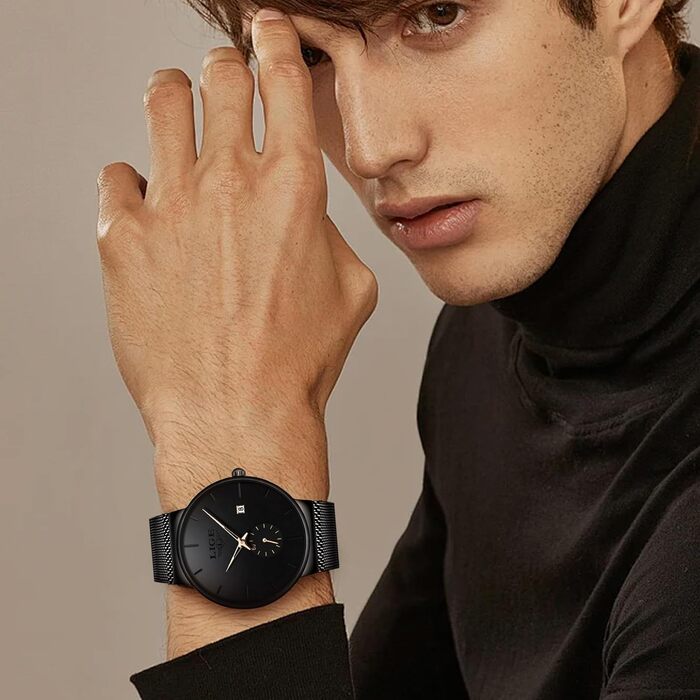 Годинник чоловічий LIGE Retro з нержавіючої сталі, водонепроникний, вінтажний, кварцовий, з датою, для бізнесу та повсякденного носіння. Чоловічі годинники (Золотий, Чорний)