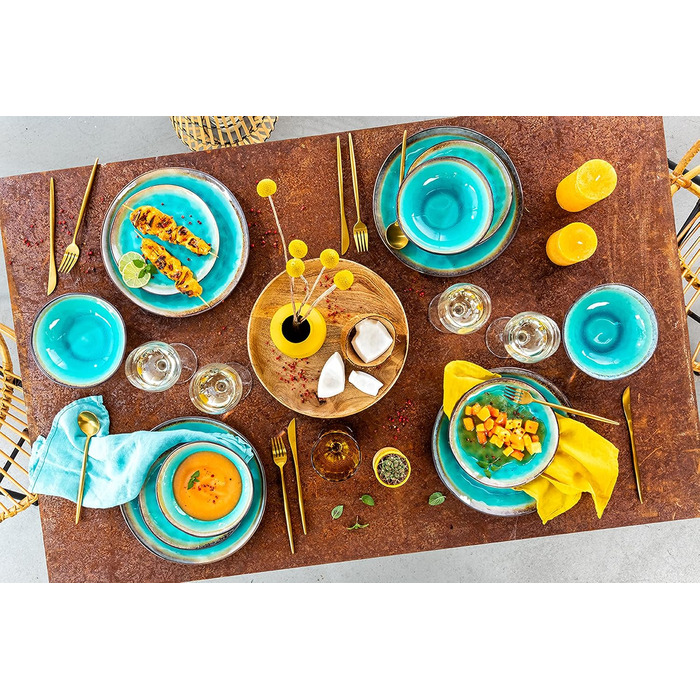 Набір посуду SÄNGER Capri 12 предметів: тарілки для 4 осіб, тарілки для їжі, десертні та глибокі тарілки з тарілками ручної роботи, блакитний колір з сірим обідком | PREMIUM COLLECTION