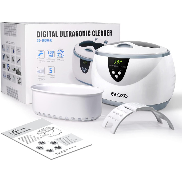 Ультразвукова мийка VLOXO 600мл – 42 кГц для ювелірних виробів, інструментів, зубних протезів та годинників, нержавіюча сталь, тиха робота, 50W (білий)