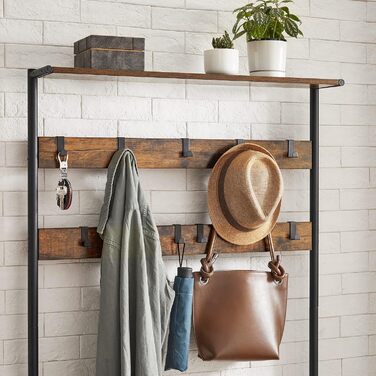 VASAGLE Coat Rack, Coat Stand, Clothes Rack with 9 Hooks, Shoe Bench, Shelf, 30 x 85 x 180.5 cm, for Entryway, Bedroom, Small Apartments, Industrial Design, Vintage Brown-Black HSR409B01