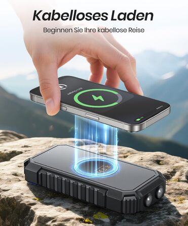 Power Bank ADDTOP 20000mAh сонячна, бездротова зарядка, USB-C, 3.0A, з ліхтариком для смартфонів та планшетів (чорний)