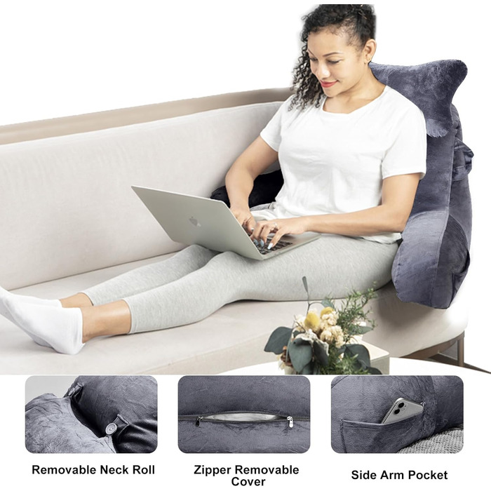 Подушка для сидіння в ліжку, диван, для дорослих, з кишенями, сірого кольору