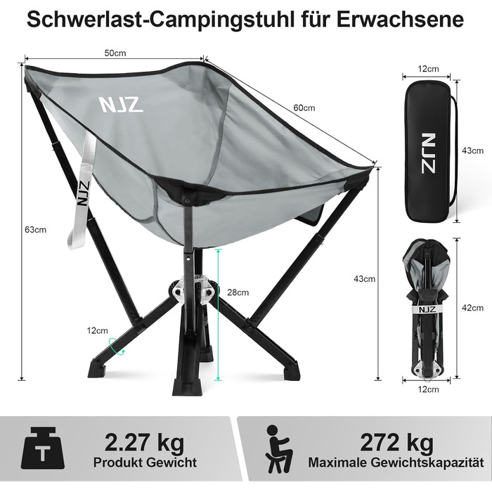 Крісло для кемпінгу NJZ 200-600LBS: складне, міцне, легке, для відпочинку на природі, риболовлі, саду та пікніків (срібний)
