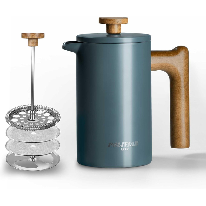 Poliviar French Press Coffee Maker 600 ml/21oz, Double-Walled Insulated Coffee Pot and Teapot, Manual Filter Coffee Press with Plunger & Wooden Handle, JX2024-SFPLN-DE 600ml Green - Cracked