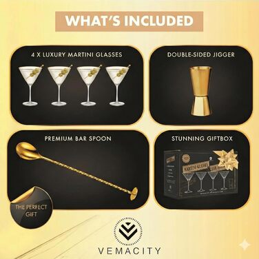 Набір келихів для еспресо-мартіні Vemacity Elegante (4 шт.) | Келихи для коктейлів ручної роботи | Келихи для шампанського, маргарити та коктейлів | Елегантні келихи для мартіні | Ідеальний подарунок (4 класичних келихи з рифленням + золотий аксесуар)