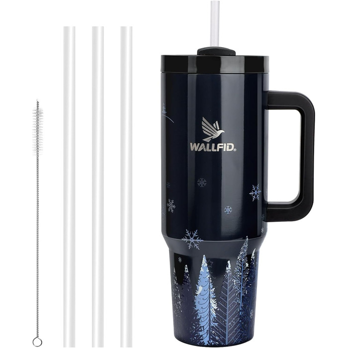 Термокружка WALLFID 40oz з нержавіючої сталі, вакуумна ізоляція, з кришкою, 3 трубочки та щітка для чищення, для гарячих та холодних напоїв, ідеальна для кави, чаю, смузі та іншого (Ebenholz Hydra)