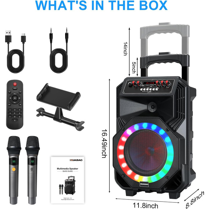 Караоке-машина з 2 бездротовими мікрофонами, коліщатками та ручкою-телескопом - портативна Bluetooth-система з акумулятором 8800mAh, PA-система з підсвічуванням, регулюванням басів/високих частот/ефектом ехо для вечірок, для дому A5