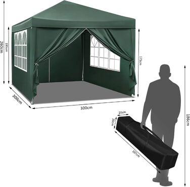 Павільйон WOLTU Pop-Up водонепроникний складаний тент 3x3 м із боковинами, металевий каркас, оксфорд, для саду, тераси, кемпінгу, фестивалів, зелений