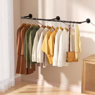 pickpiff Vintage Clothes Rack, 140 cm Industrial Pipe Clothes Hanger for Wall Mounting, Space-Saving, Sturdy Clothes Rail, 1 Pack of 6 S-Hooks