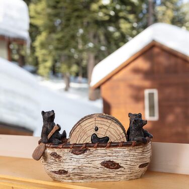 Bear Coasters Set of 6 Rustic Full Size Coasters in Handmade Canoe with Adorable Black Bear Figurines