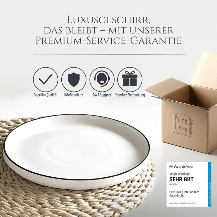 Сервіз Porzellan для 6 осіб, 24 предмети, Crystal, білий з чорним обідком. Тарілки та миски, преміум якість, сертифікат TESTSIEGER