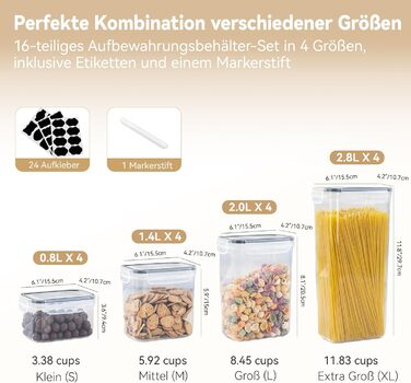 Набір контейнерів для зберігання продуктів Küchen 16 шт, 2.8л/30см, герметичні, без BPA, для круп, спагеті, борошна