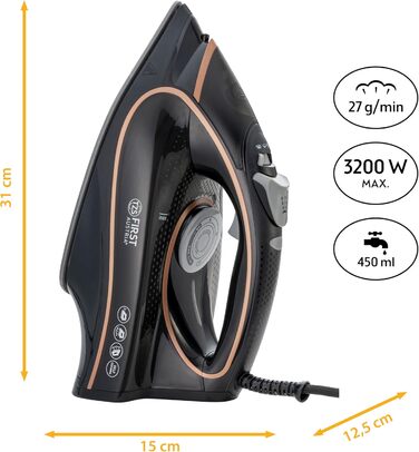 Парове прасування First Austria I 2800-3200W | Керамічна підошва, самоочищення, вертикальне прасування, Anti-Kalk, сухе прасування, 0.45л резервуар, 1.3кг | Чорний/Мідний