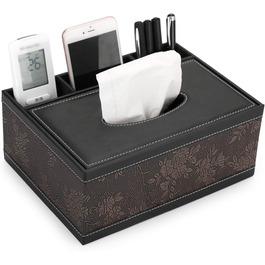 BSTKEY Rectangular Tissue Box Holder made of PU Leather with Remote Control, Storage Box (Black Flower)