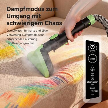 Пристрій для чищення м'яких меблів з гарячою парою та 17KPa - 1800W миючий пилосос для килимів, диванів, автомобілів та сходин - з голосовим управлінням та самоочищенням - 4 насадки, зелений середнього розміру