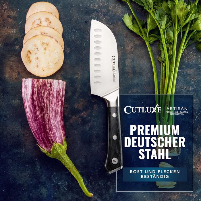 Ніж Cutluxe Santoku 13 см – універсальний ніж для риби, м'яса, суші. Виготовлений з німецької сталі, надзвичайно гострий, ергономічний дизайн