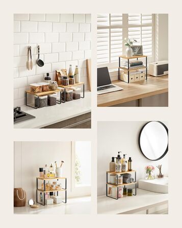 SONGMICS Spice Rack, 4-Piece Set, Kitchen Shelf, Kitchen Organizer, Expandable, Spice Holder, Stackable, with Metal Frame, 19.5 x 29.7 x 15.8 cm, Ink Black-Natural Beige KCS10NB