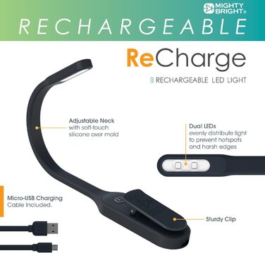 LED-лампа для читання Mighty Bright, акумуляторна, чорна