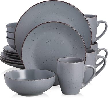 Tableware Stoneware, vancasso MODA Dinnerware Set, Vintage Look, 16-Piece Combination Service with 4 Dinner Plates, Dessert Plates, Bowls, and Cups Each Gray 16-Piece for 4 Gray