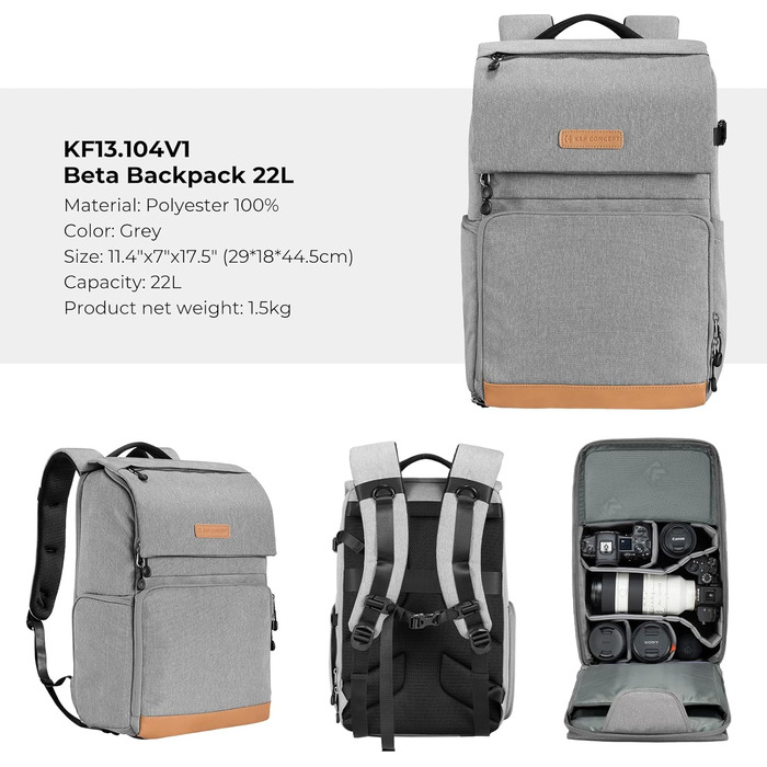 Рюкзак для фотографа K&F Concept 22L з відділенням для ноутбука 15.6