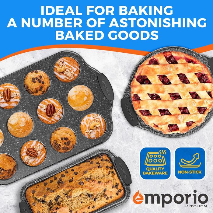 Набір форм для випічки Emporio Kitchen – антипригарне покриття, набір форм з вуглецевої сталі з сірими силіконовими ручками, без PFOA, PFOS, PTFE, рецептурник в комплекті, деко для випічки (до 230°C), сірий, набір з 25 шт.