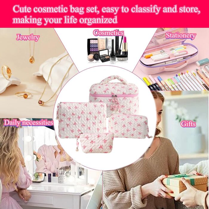 Набір косметичок з квітами для дівчаток та жінок, бавовняні культки, косметичні сумочки, естетичний стиль Clean Girl, рожевий бантик