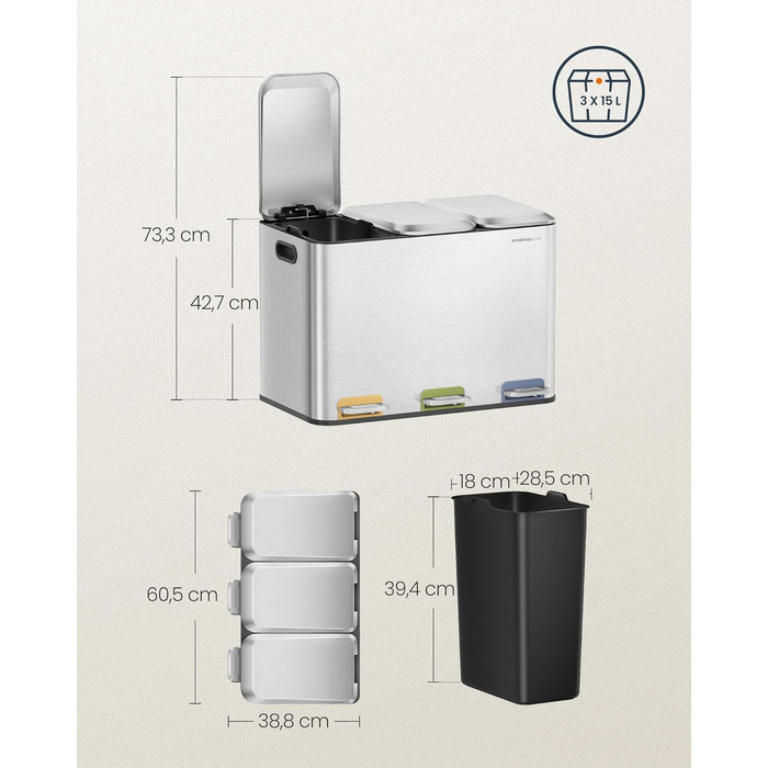 Сміттєвий відер SONGMICS HOME POPNEX LTB740B02 для кухні, система сортування сміття з 3 відсіками по 15 л, сталевий, сріблястий