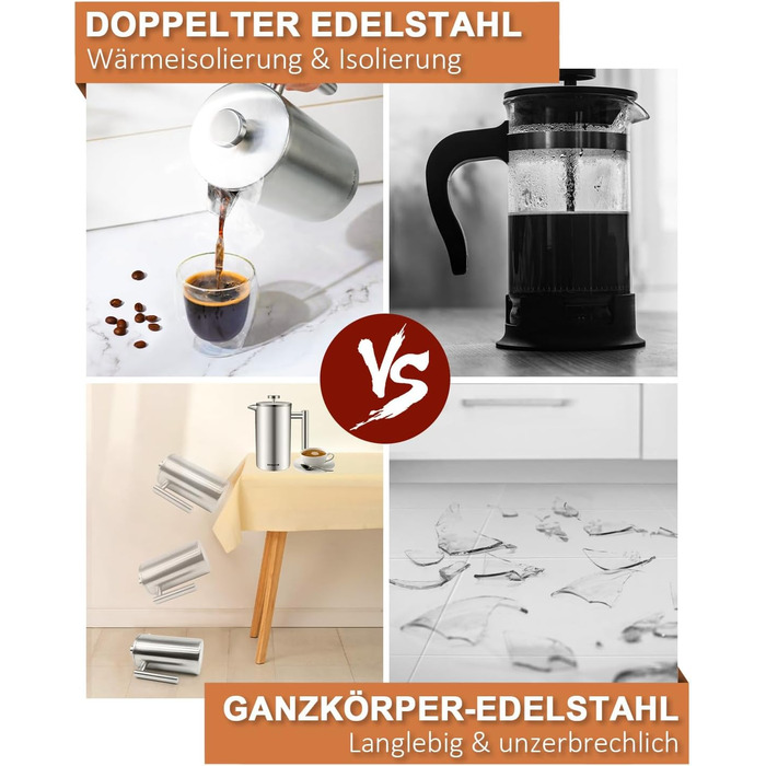 Френч-прес 1000 мл / 8 чашок, кавоварка з нержавіючої сталі, подвійні стінки, ізольована, з фільтром - 1 літр