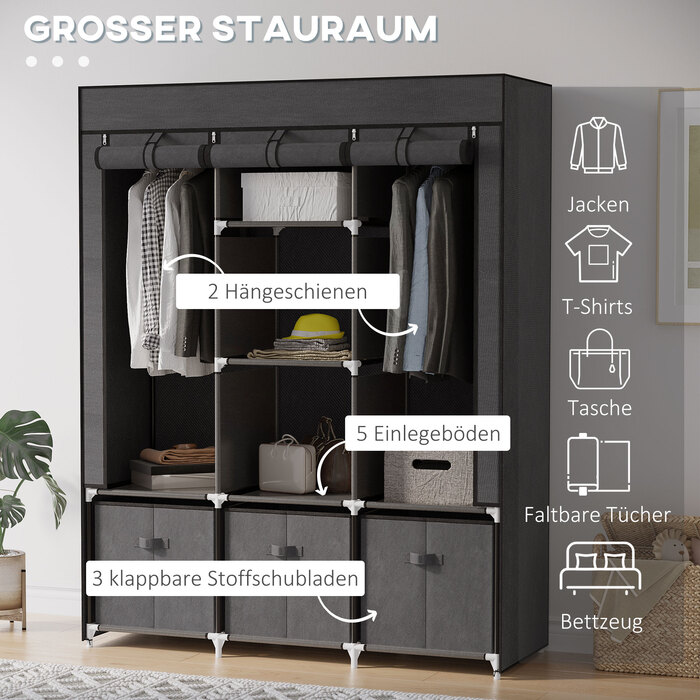 HOMCOM Folding Wardrobe, Fabric Closet, Zipped Folding Cabinet, Non-woven Fabric, Dark Grey, 125x43x162.5cm | Aosom